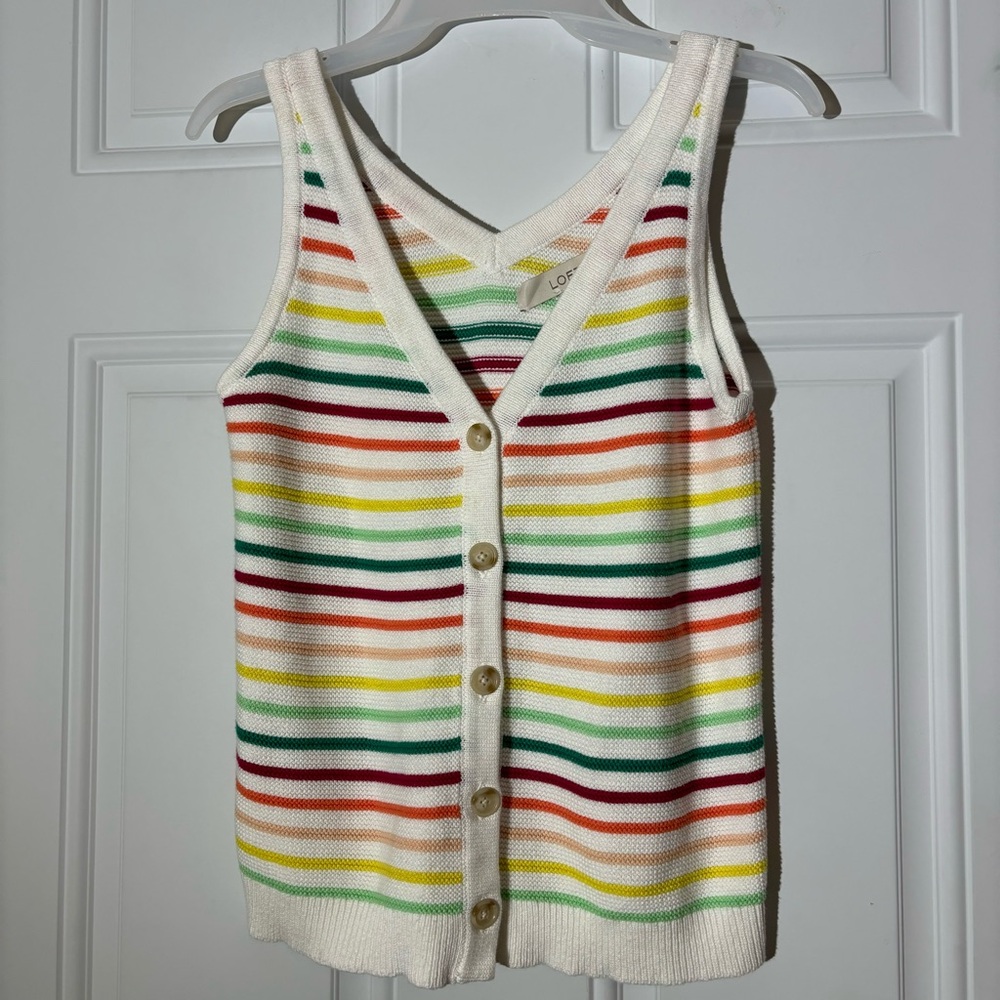 LOFT Cream Ribbed Tank Top with Multicolor Stripes